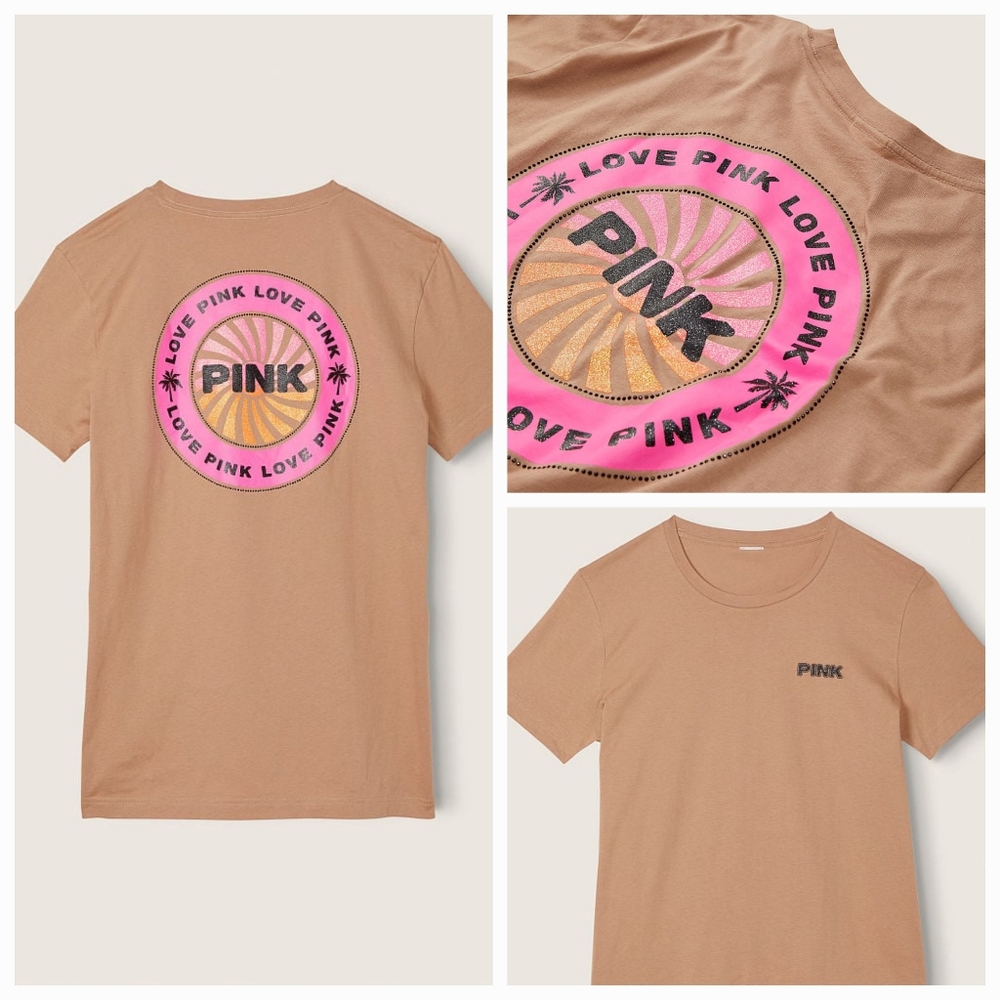 🧡NeW💛 VICTORIA'S SECRET VS PINK CAMPUS NEON BLING T-SHIRT Tee LARGE L
